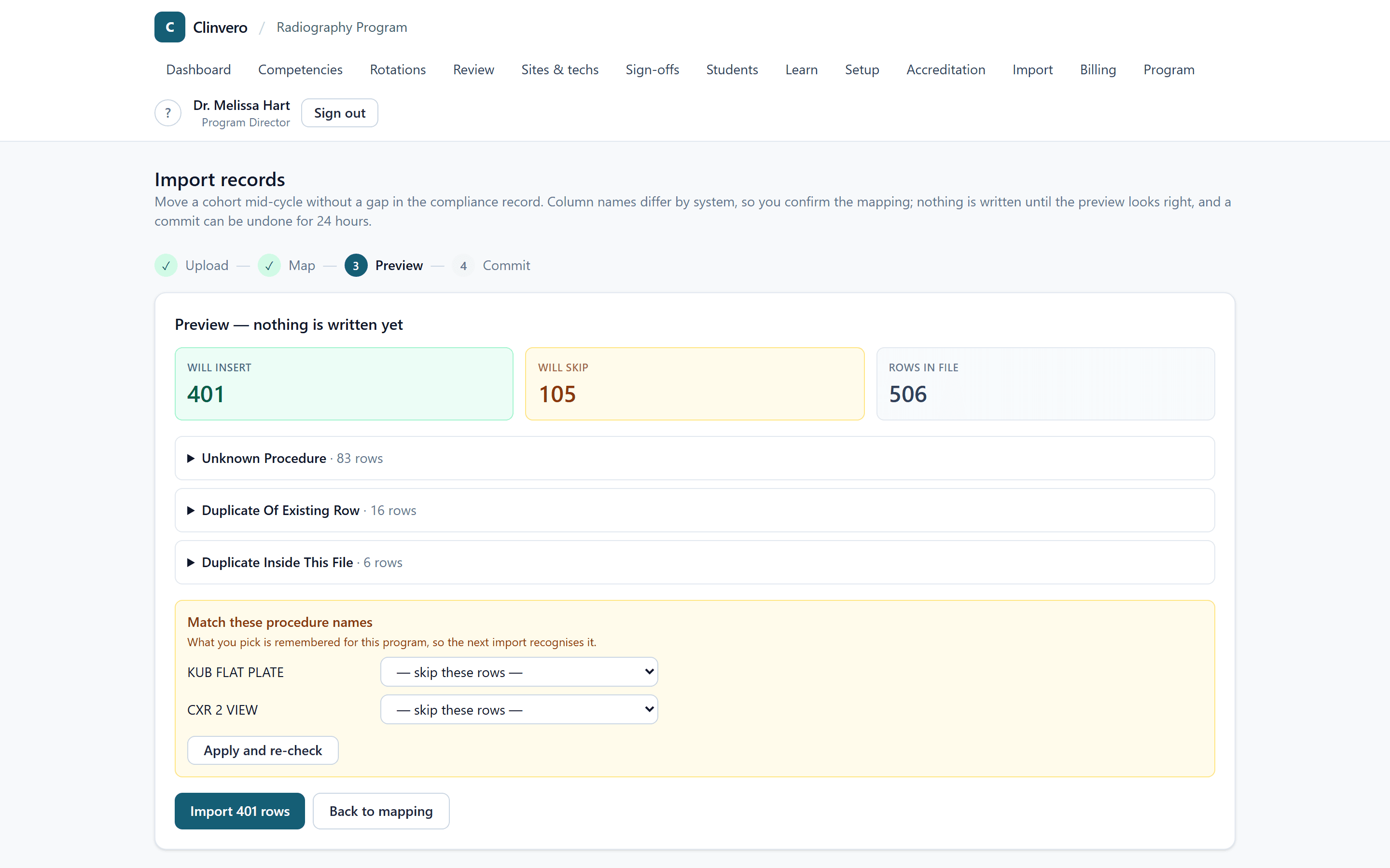 The import preview step