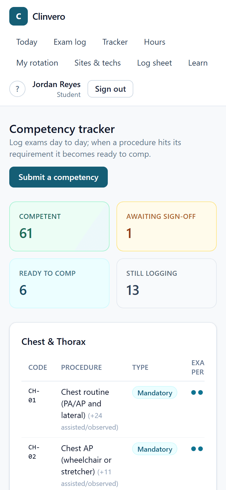 The competency tracker on a phone